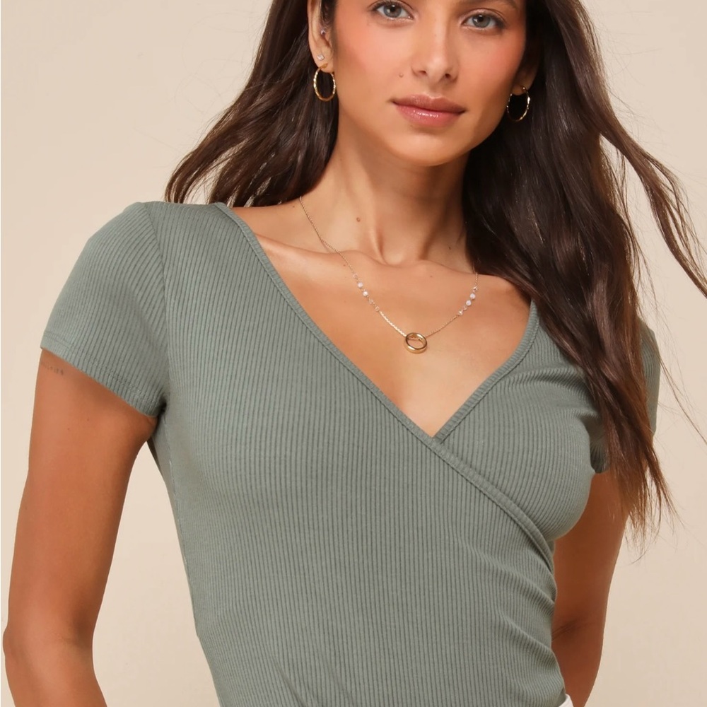 All Day Fave Sage Green Ribbed Surplice Short Sleeve Bodysuit
 Ribbed Wrap Top
